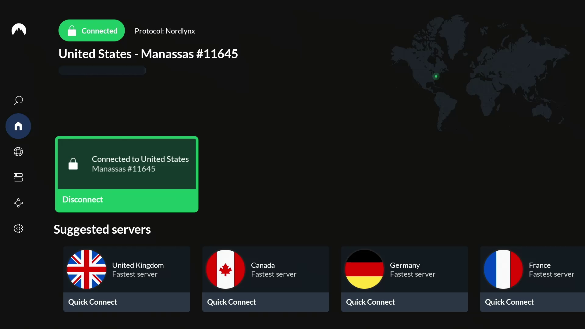 NordVPN dashboard on Amazon Fire TV