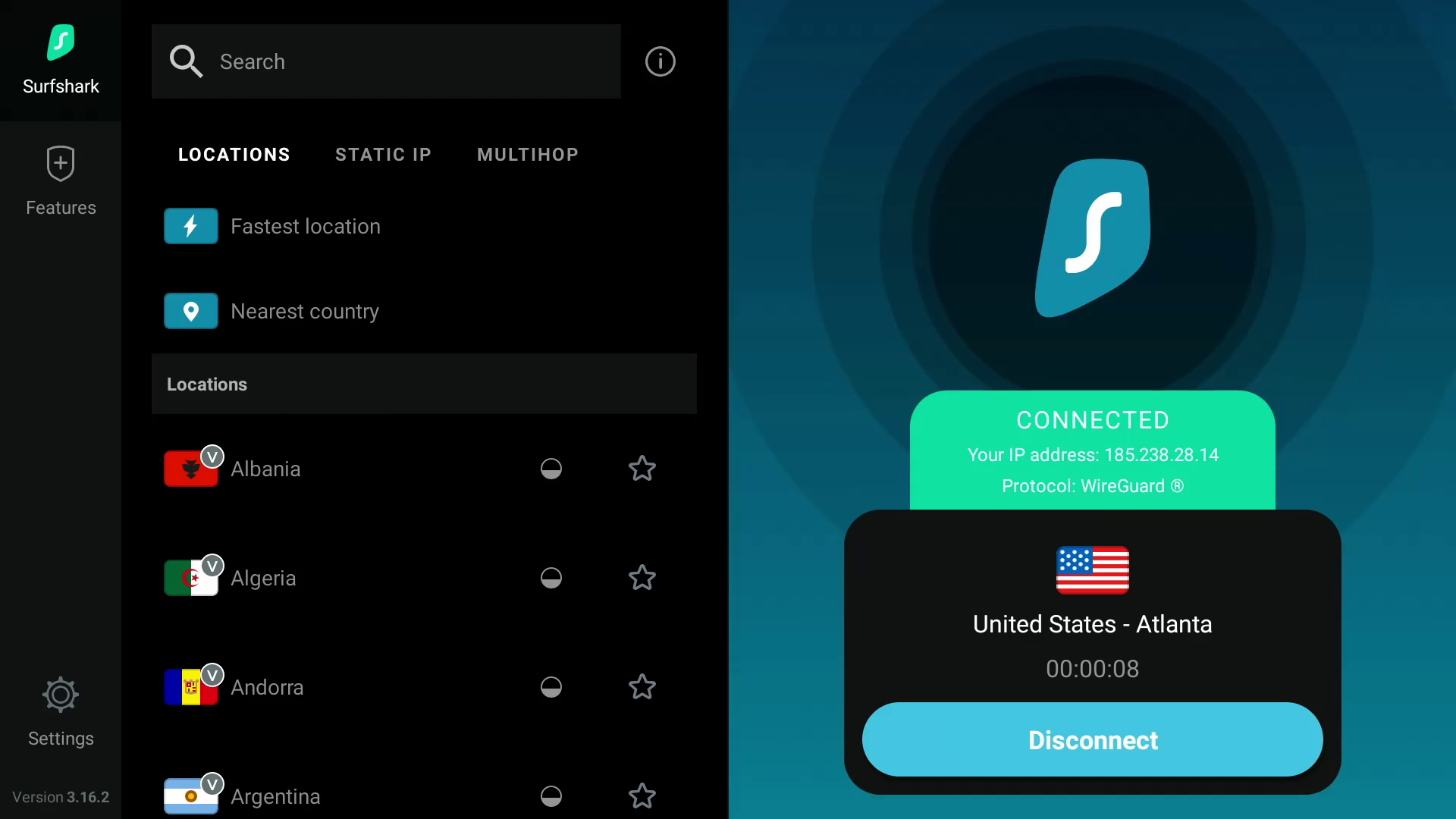 Surfshark VPN dashboard on Amazon Fire TV