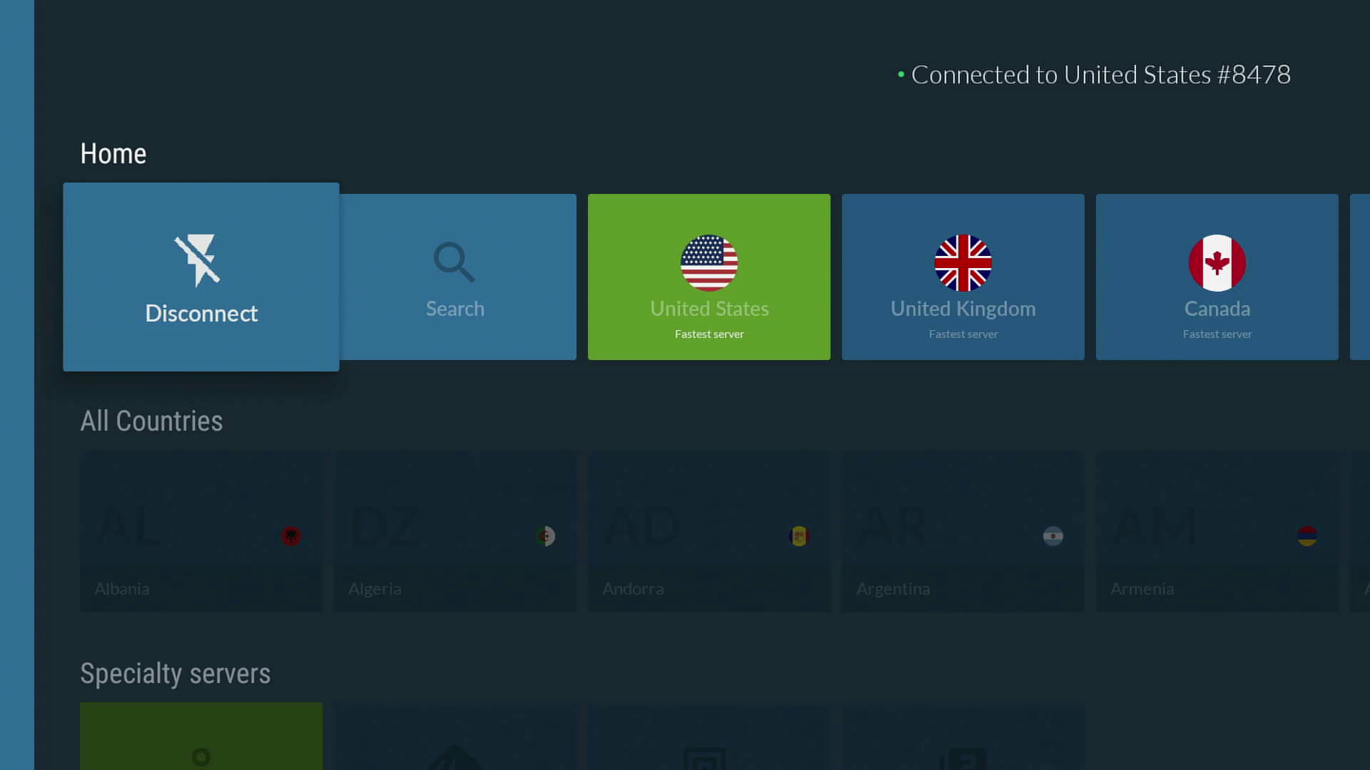 NordVPN running on an Amazon Fire TV Stick Lite