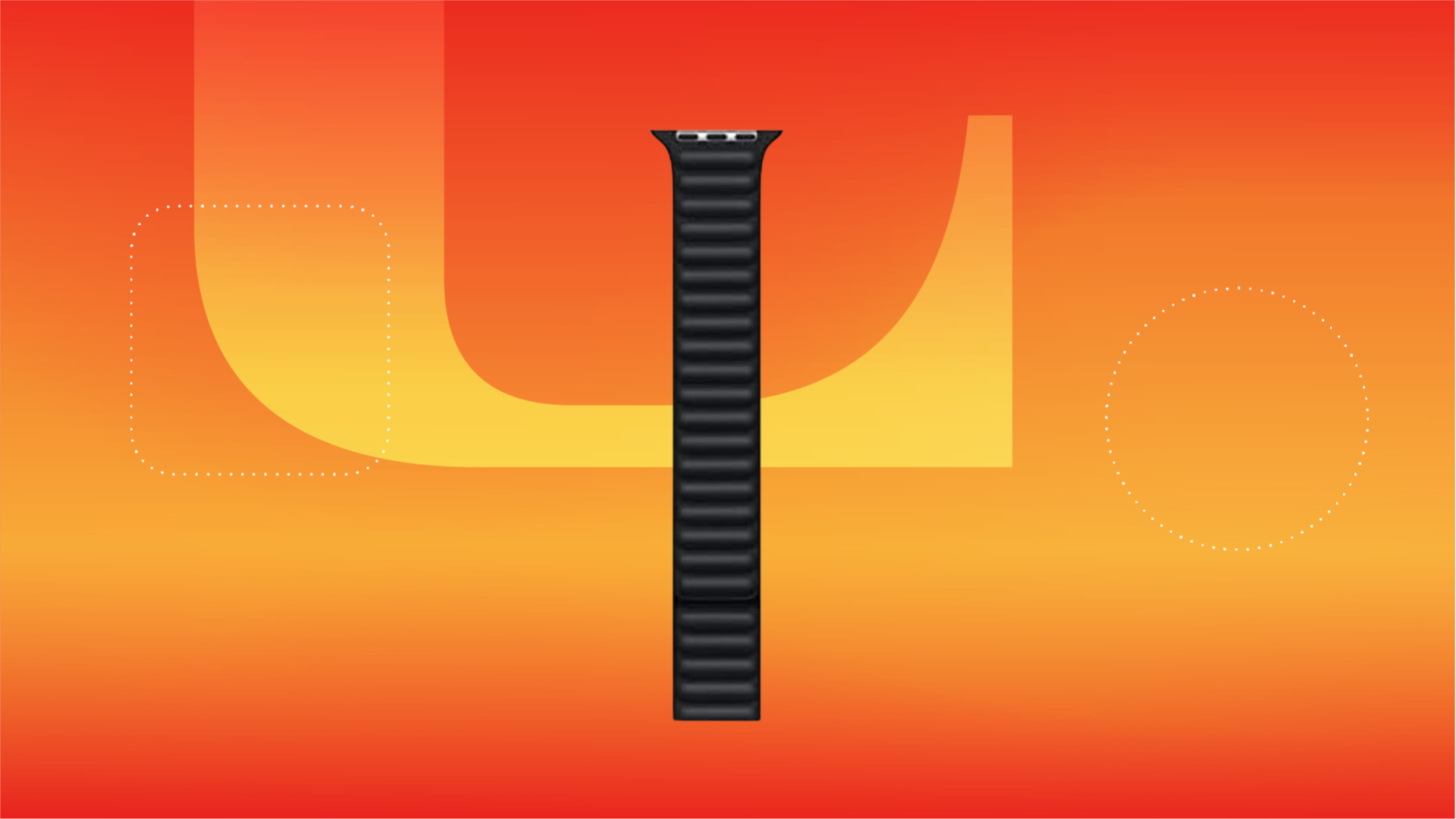 Black leather link Apple watch band with silver-colored clasps against orange background